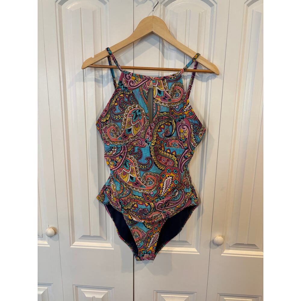 Ellen Tracy Teal Paisley One-Piece Swimsuit with Pink & Yellow Accents
